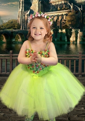 Most Popular Yellow Green Spaghetti Straps Flower Girl Dress with Beading