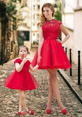 Feminine High Neck Backless Sexy Prom Dress in Red and Beautiful Mini Length Little Girl Dress with Cap Sleeves