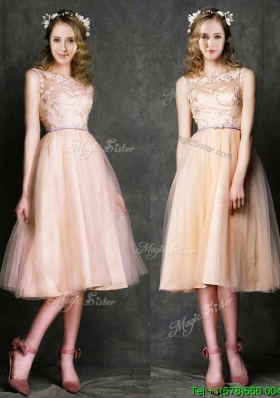 Romantic Laced and Sashed Scoop Bridesmaid Dress in Peach