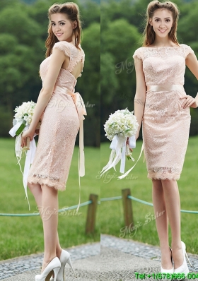 See Through Scoop Cap Sleeves Bridesmaid Dress with Sashes