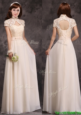 Hot Sale High Neck Champagne Bridesmaid Dress with Appliques and Lace