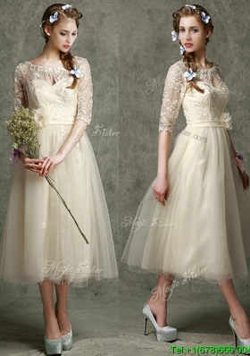 See Through Scoop Half Sleeves Dama Dress with Hand Made Flowers and Lace