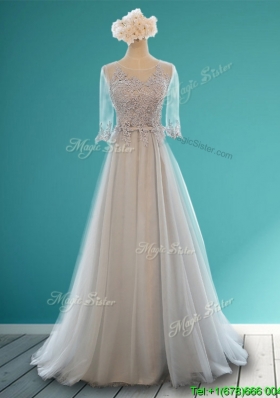 Luxurious Scoop Half Sleeves Grey Dama Dress with Appliques and Belt