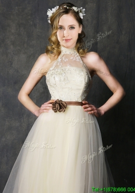 Sweet High Neck Champagne Dama Dress with Hand Made Flowers and Lace