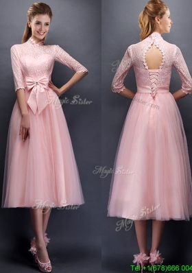 Luxurious Laced High Neck Half Sleeves Prom Dress with Bowknot