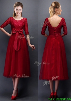 Gorgeous Scoop Half Sleeves Bowknot Prom Dress in Wine Red