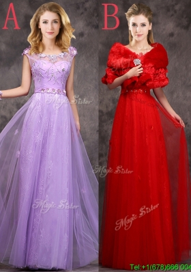 Discount Beaded and Applique Cap Sleeves Long Prom Dress in Tulle