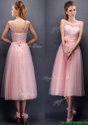 Lovely Hand Made Flowers and Applique Scoop Bridesmaid Dress in Baby Pink