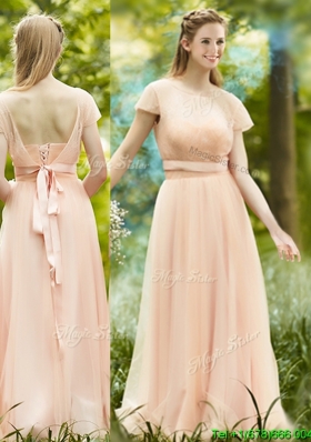 Elegant See Through Scoop Short Sleeves Bridesmaid Dress in Peach