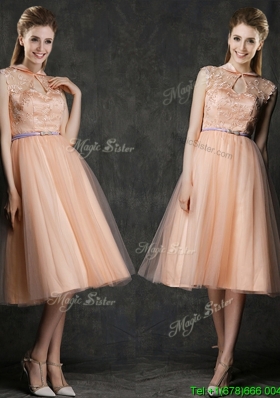 Popular High Neck Peach Bridesmaid Dress with Sashes and Lace