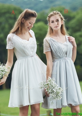 New Short Sleeves Bridesmaid Dress with Belt and Lace