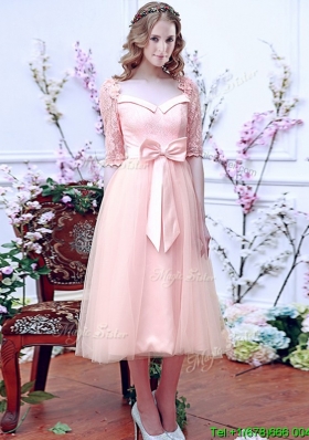Comfortable Square Half Sleeves Bowknot Bridesmaid Dress in Baby Pink