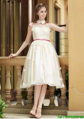 Gorgeous High Neck Champagne Bridesmaid Dress with Appliques and Sashes