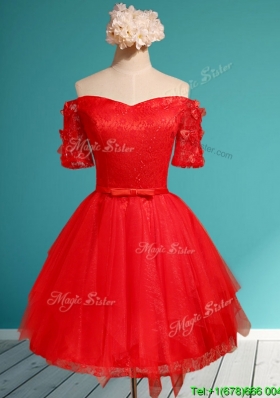 Comfortable Off the Shoulder Short Sleeves Red Bridesmaid Dress with Appliques and Belt