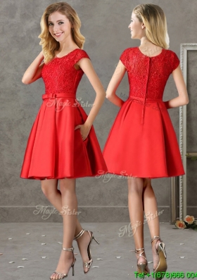 Gorgeous Scoop Cap Sleeves Red Bridesmaid Dress with Lace and Bowknot