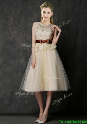 Classical See Through Scoop Bridesmaid Dress with Bowknot and Lace