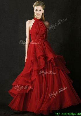 Modest A Line Halter Top Tulle Bridesmaid Dress with Appliques