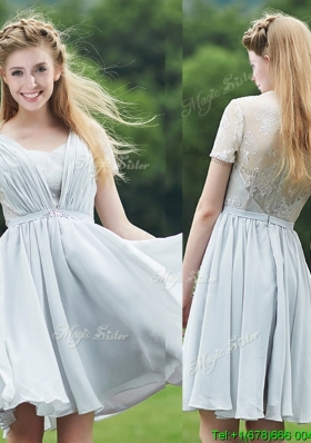 Elegant Sweetheart Short Sleeves Prom Dress with Belt and Lace