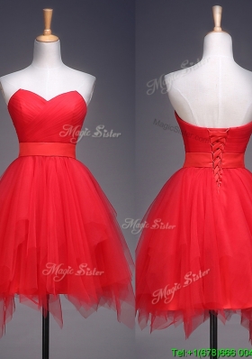 Wonderful Ruffled and Belted Short Prom Dress in Red