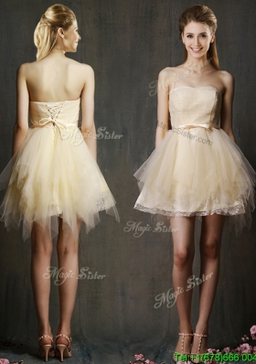 Lovely Sweetheart Short Champagne Dama Dress with Belt and Ruffles