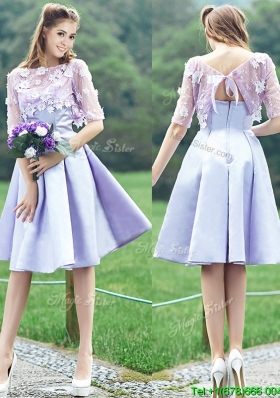 New Style Bateau Half Sleeves Lavender Dama Dress with Appliques