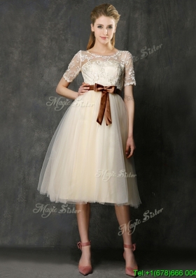 See Through Scoop Short Sleeves Bridesmaid Dress with Bowknot and Lace