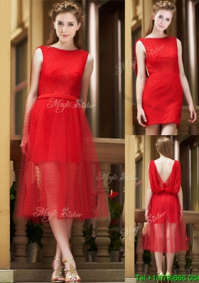 Exclusive Bateau Lace Tea Length Bridesmaid Dress in Red
