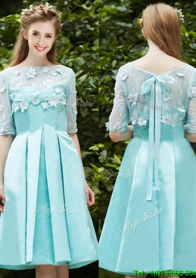 See Through Bateau Half Sleeves Appliques Bridesmaid Dress in Apple Green