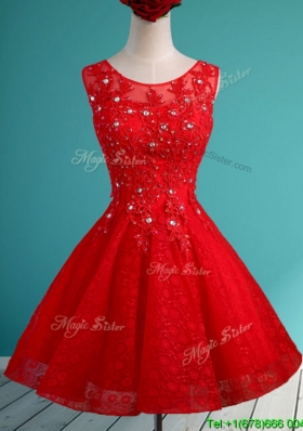 Popular Scoop Red Short Bridesmaid Dress with Beading and Appliques