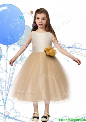 New Scoop Champagne Little Girl Pageant Dress with Hand Made Flowers and Bowknot