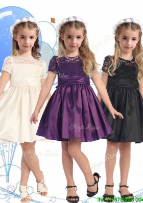 See Through Scoop Short Sleeves Little Girl Pageant Dress with Lace and Belt