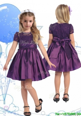 See Through Scoop Purple Little Girl Pageant Dress with Lace and Belt