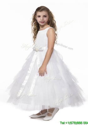 New Style Scoop Ruffled Layers and Bowknot Flower Girl Dress in White