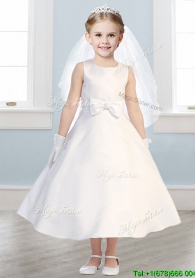 Simple Scoop Satin Bowknot Flower Girl Dress in White