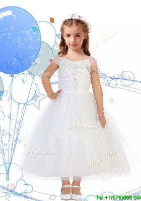 Top Selling Square Cap Sleeves Appliques Mini Quinceanera Dress in White