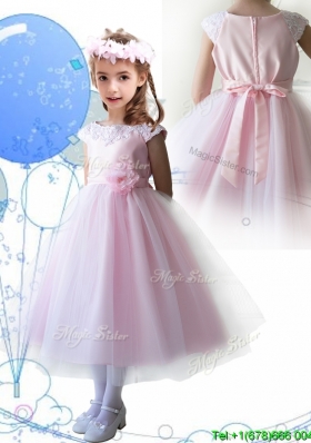 Lovely Scoop Hand Made Flowers and Appliques Mini Quinceanera Dress in Baby Pink