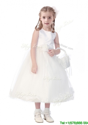 New Style Scoop Hand Made Flowers and Appliques Mini Quinceanera Dress in White