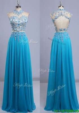Two Piece High Neck Cap Sleeves Prom Dress with Beading and Lace
