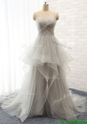 Elegant Beaded and Ruffled Grey Prom Dress with Court Train