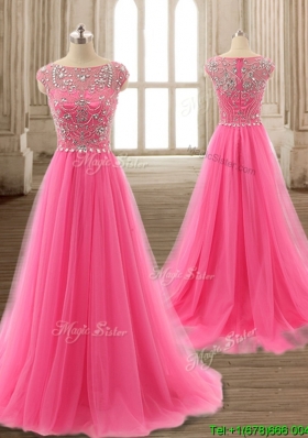 See Through Scoop Cap Sleeves Beading Prom Gown in Hot Pink