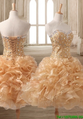 Inexpensive Organza Beading and Ruffles Short Prom Dress in Champagne0