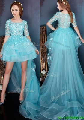 See Through Square Half Sleeves Appliques Prom Dress with High low