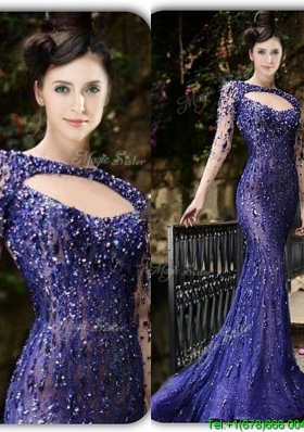 Latest Mermaid Bateau Long Sleeves Purple Prom Dress with Beading
