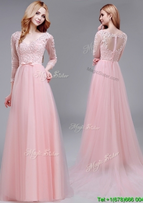 See Through V Neck Three Fourth Length Sleeves Prom Dress with Lace and Bowknot