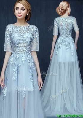 Unique Scoop Half Sleeves Applique Prom Dress with Brush Train
