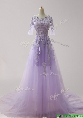 Gorgeous Scoop Half Sleeves Lavender Prom Dress with Appliques