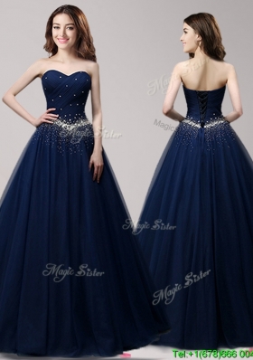 Lovely A Line Navy Blue Tulle Prom Dress with Beading