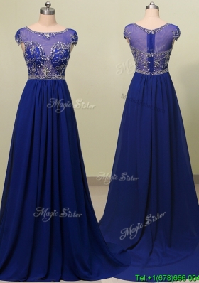 See Through Scoop Cap Sleeves Beading Evening Dress in Royal Blue