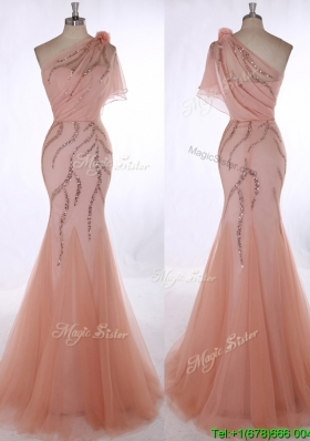 Romantic One Shoulder Orange Red Evening Dress with Beading and Hand Made Flowers