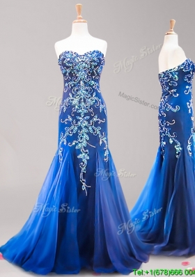 Inexpensive Brush Train Royal Blue Evening Dress with Beading and Appliques